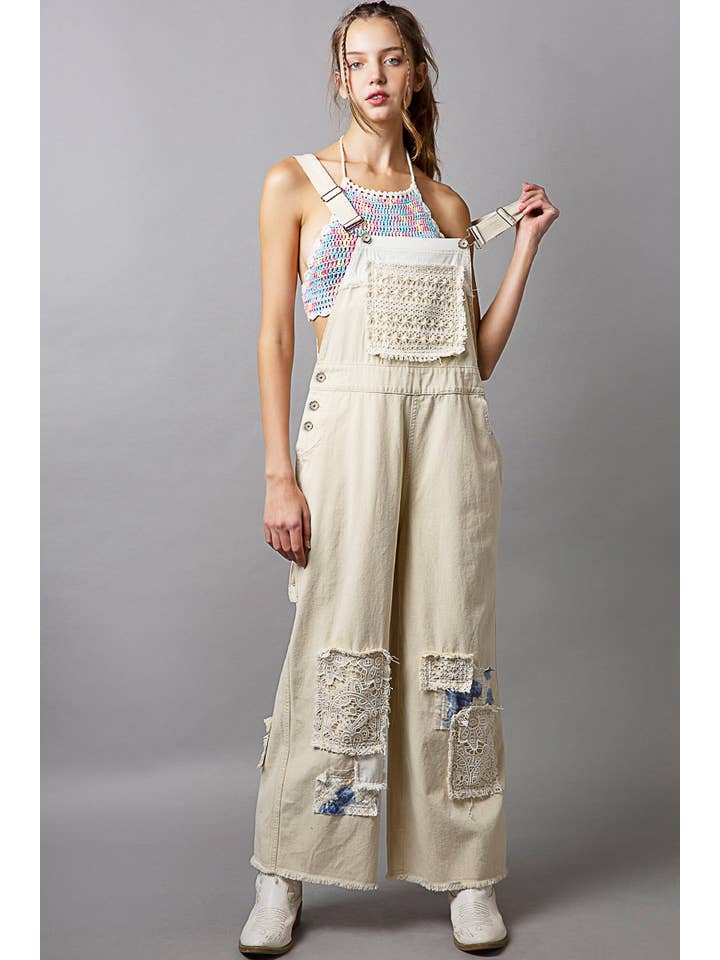 Pol Clothing - Wholesale Overalls - Women's - Crochet patchwork detail casual denim overalls