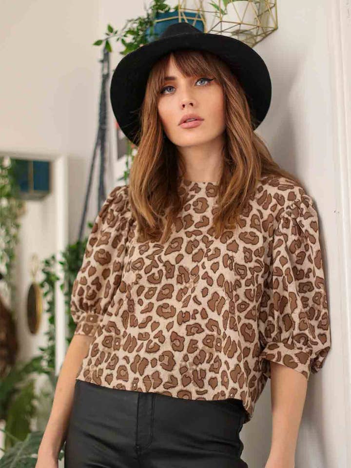 Lana Puff Sleeve Animal Blouse for wholesale by Urban Bliss