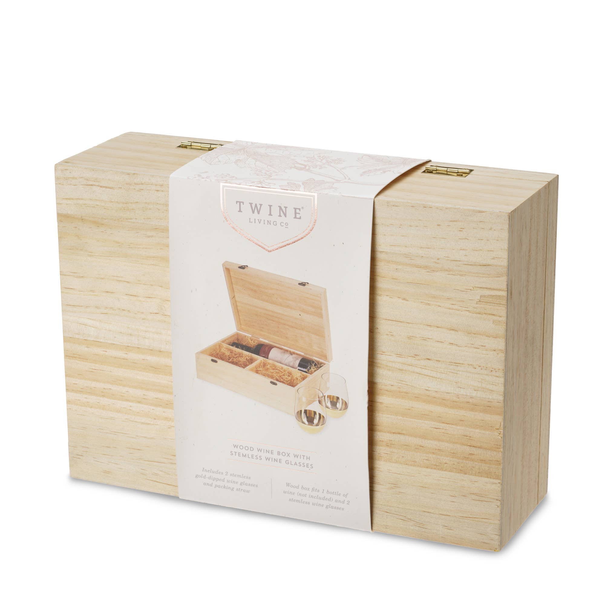 Twine - Vente Pochette cadeau pour bouteille de vin - Coffret cadeau en bois pour vin avec 2 verres sans pied trempés dans l'or1