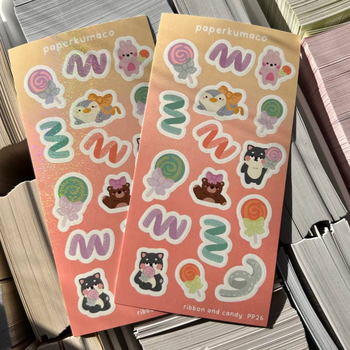 Ribbon and Candy Shimmer Sticker Sheet for wholesale by Paperkumaco