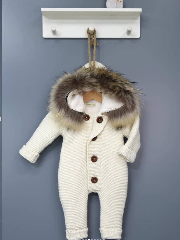 Knitted Wool Romper with Hood & Removable Fur for wholesale by Nipperland