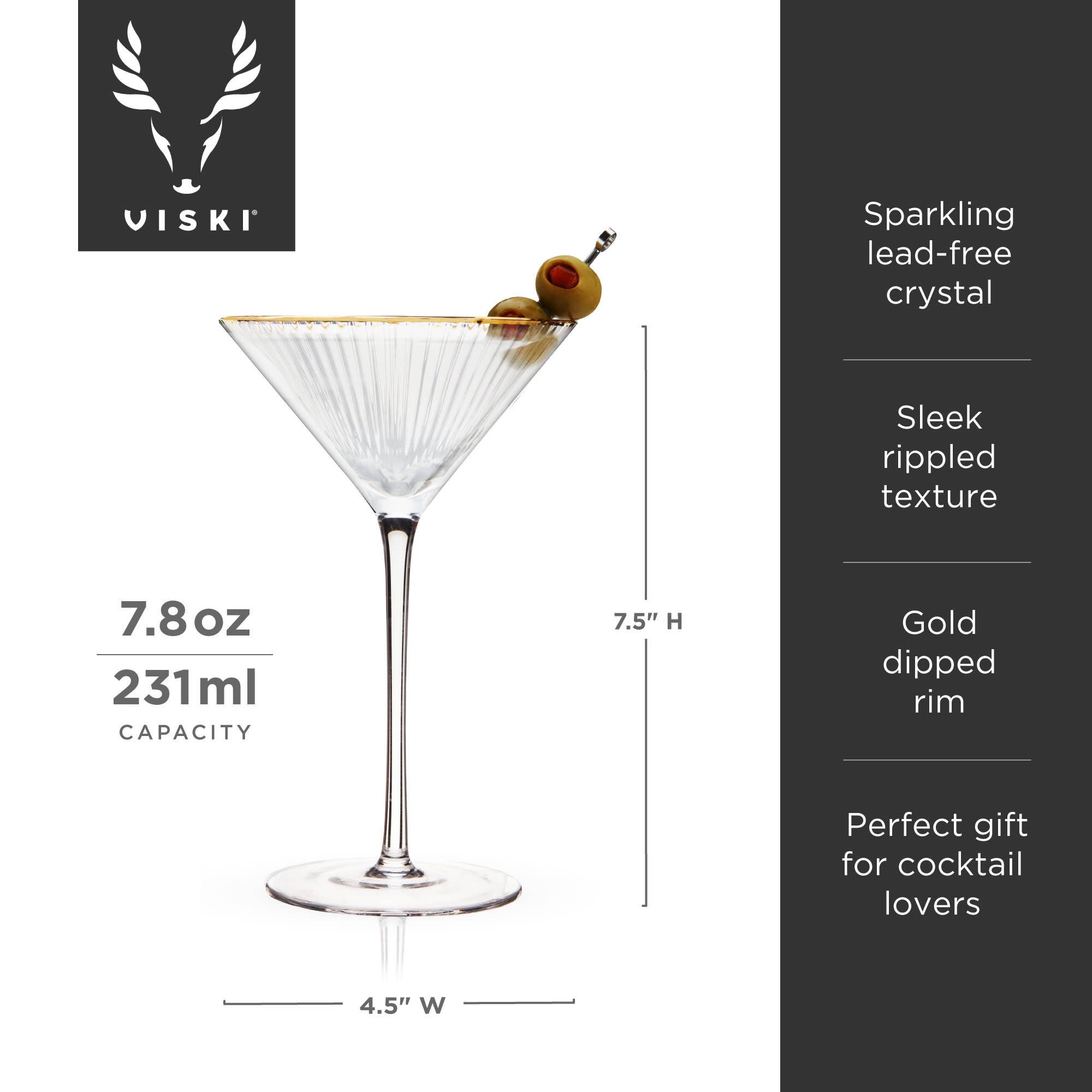 Viski - Wholesale Cocktail/Liquor Glass - Deco Meridian Gold Rimmed Crystal Martini Glasses Set of 27