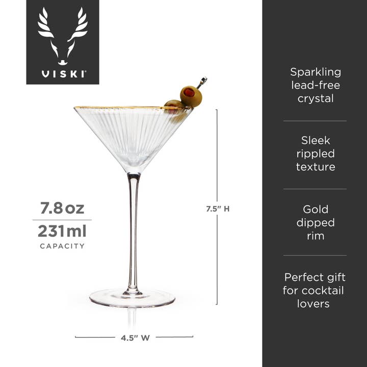 Viski - Wholesale Cocktail/Liquor Glass - Deco Meridian Gold Rimmed Crystal Martini Glasses Set of 27