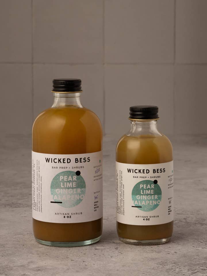 Pear Lime Ginger Jalepeno Shrub for wholesale by Wicked Bess