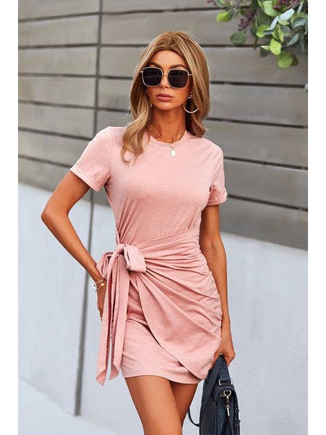 Supreme Fashion - Wholesale Dress - Women's - Solid Round Neck Self Tie Knot Mini Dress