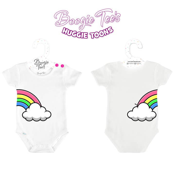 T-shirt Boogie bianca arcobaleno Huggie Toons bottone fucsia per la vendita all'ingrosso da parte di Boogie Toes