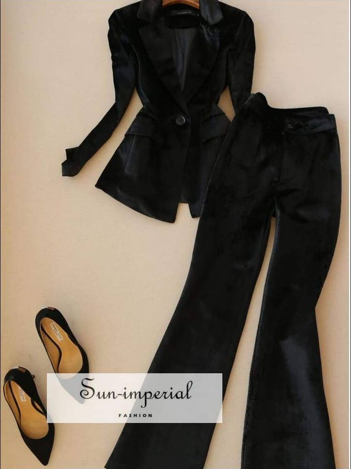 Conjunto feminino Sun Imperial de blazer de veludo preto com mangas longas e calça flare por atacado de Sun Imperial