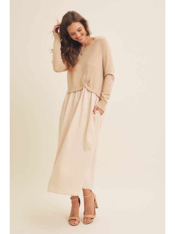 in february - Wholesale Dress - Women's - MIXED MEDIA TWOFER SWEATER MIDI DRESS