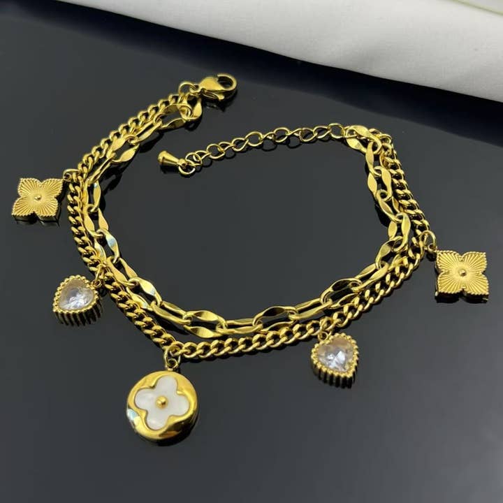 COSMOS - Wholesale Charm/Dangle Bracelet - Double wrap flower and heart charm bracelet in steel0