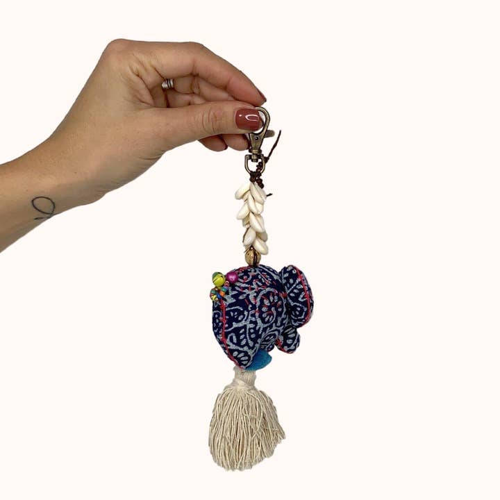 Oasis Batik Elephant Keychain with Shells and Tassel | Handmade Zipper Pull | Thailand for wholesale by Lumily