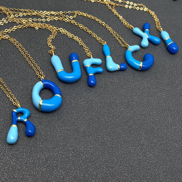Mio Queena - Wholesale Pendant/Charm Necklace - Bright Enamel Initial Bubble Charm 14K Gold Plated Necklace