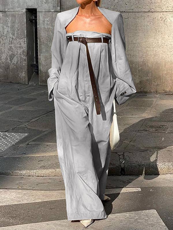 FurDecoration - Wholesale Top & Pant Set (NOT Loungewear) - Women's - Collarless Button-Up Long Sleeve Jumpsuit Set0