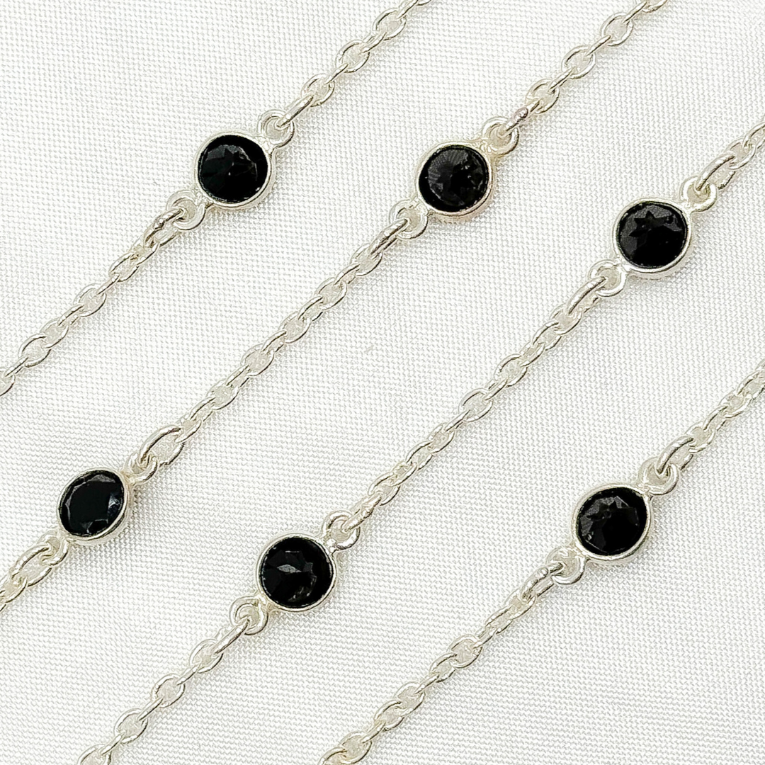 Tresor Jewelry Inc. - Wholesale Link & Chain Necklace - Black Spinel Round Shape Bezel 925 Sterling Silver Connected Wire Chain. BSP134
