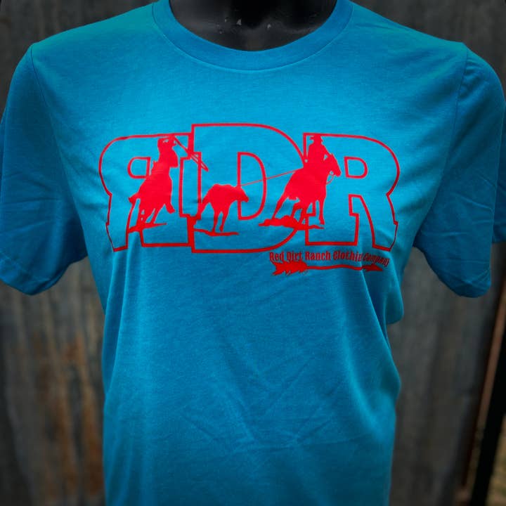 T-Shirt RDR Teamroper Logo Turquoise Red for wholesale by Red Dirt Ranch Clothing Company