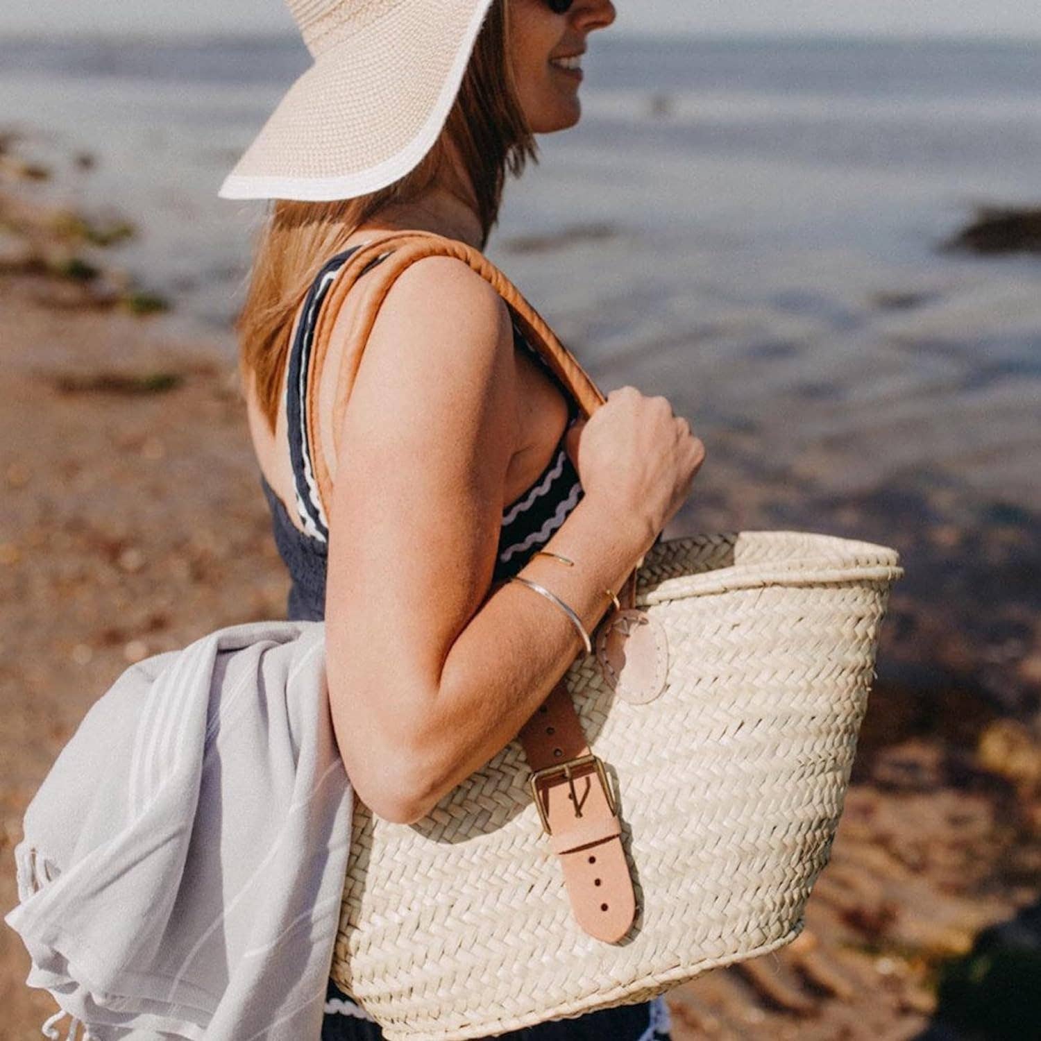 NomadWeave Ltd – Engroshandel Strandtaske – FRENCH BASKET stråtaske med læderhåndtag, strandtaske,0