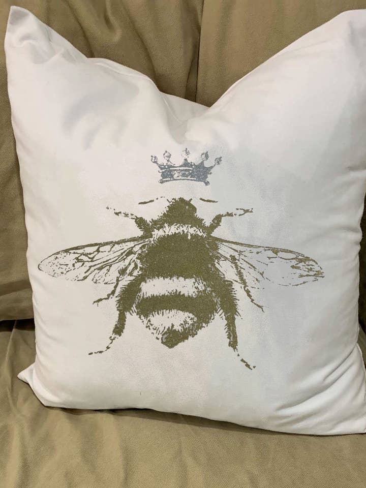 Large Bumble Bee With Crown Pillow With Feather Insert for wholesale by Monique Perry Art