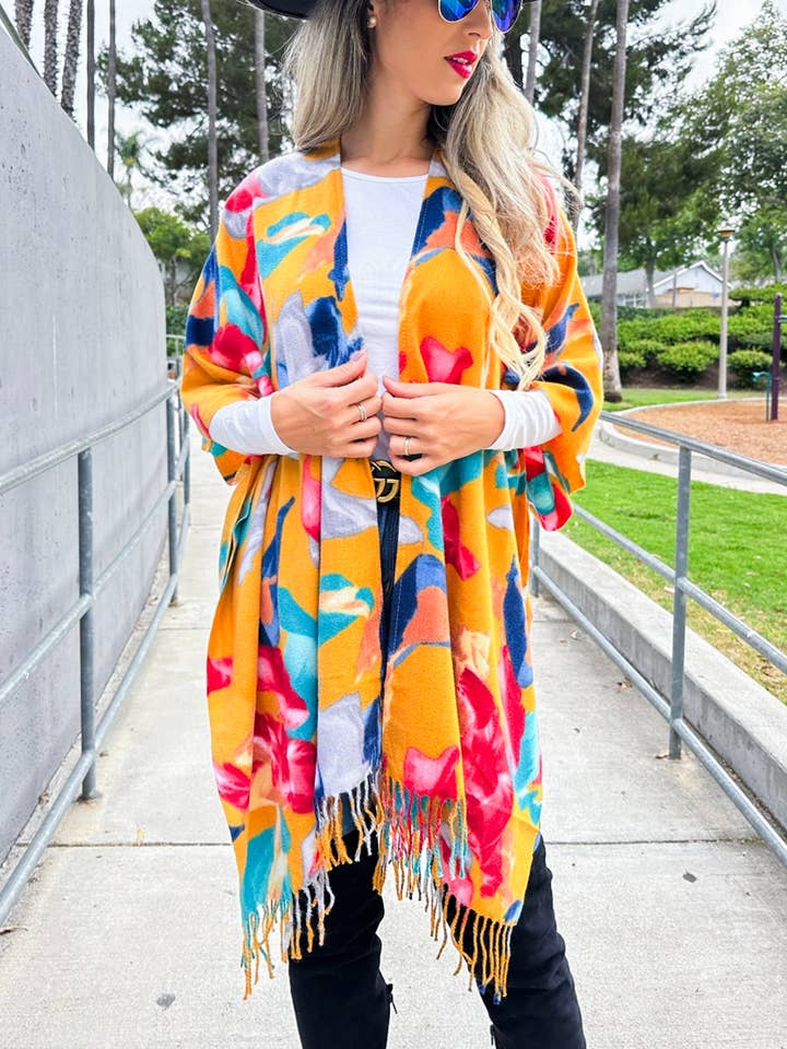 Flerfärgad Multi levande blommigt tryckt kimono kofta med tofs för wholesale på Faire