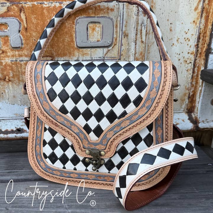 Texas Western Cowhide Bags and More - Wholesale Shoulder Bag - Women's - Zadie Tooled Leather Checkered Handbag, Hand Painted