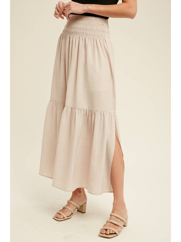 Champagne Smocked Waist Tiered Midi Skirt for wholesale on Faire