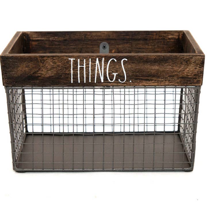 DesignStyles Home – Cesta por atacado – Cesto decorativo de armazenamento em metal e madeira « Things » Rae Dunn