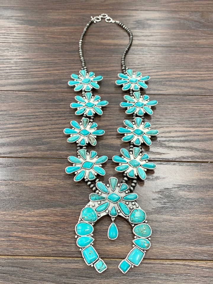 734829, Handmade Squash Blossom Turquoise Necklace for wholesale by ISAC Trading Inc