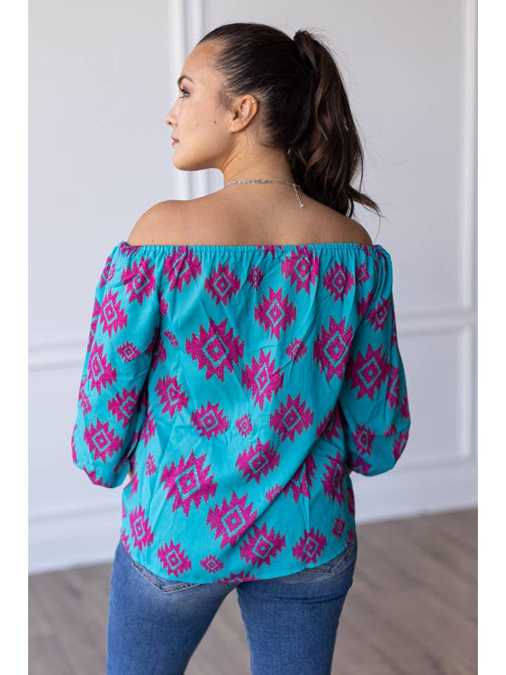 Rustic Touch Turquoise Off The Shoulder Top for wholesale on Faire