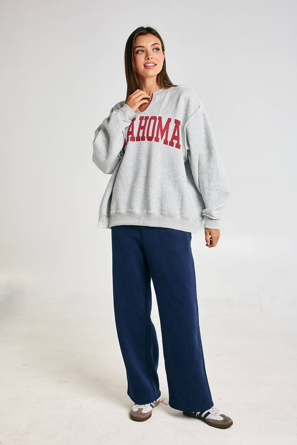 BUCKETLIST INC - Wholesale Graphic Sweatshirt - Women's - IT3097-OK | 'Oklahoma' GFX Split-Neck Terry Sweatshirt3