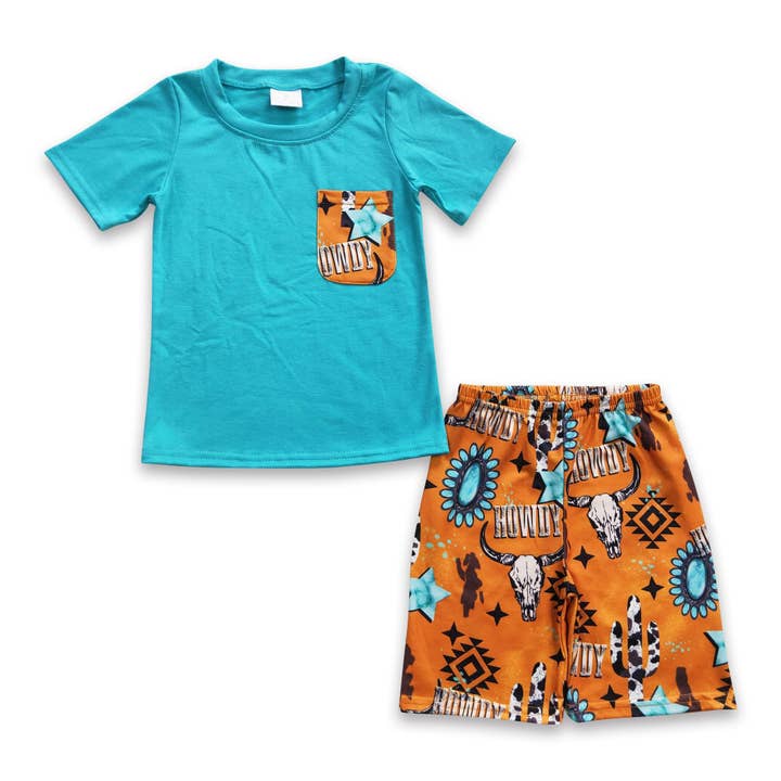 Yawoo Garments - Wholesale Top & Short Set - Kids - Howdy bull skull turquoise kids boy western outfits