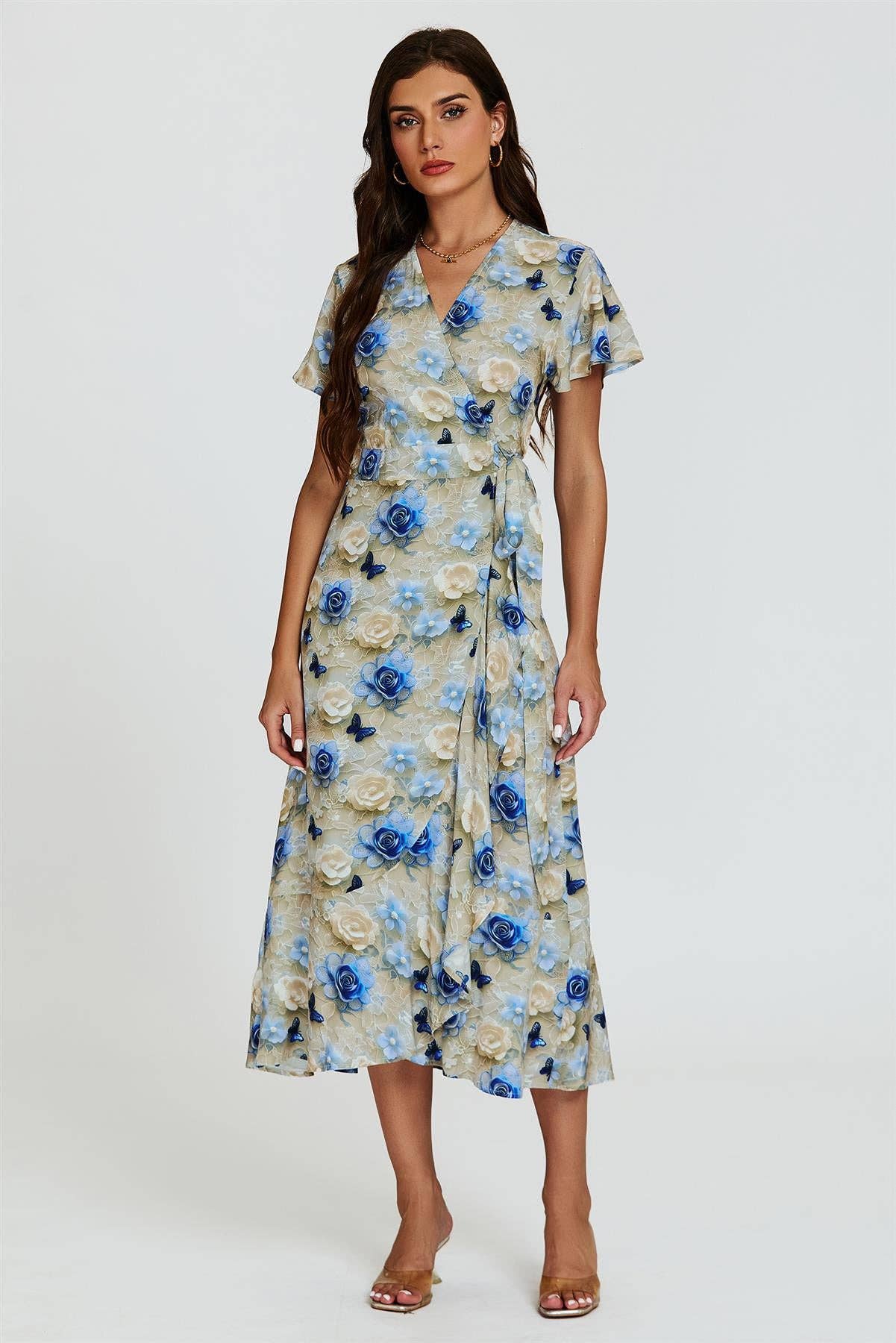 Floral Print Wrap Hem Midi Dress In Beige for wholesale on Faire0