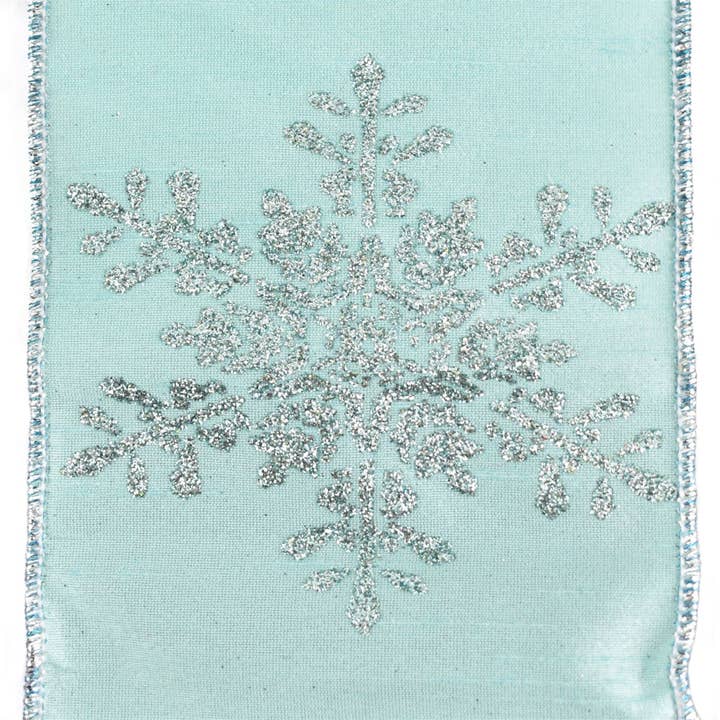 4" x 10yd Aqua Winter Wonder Faux Dupioni Snowflake Ribbon for wholesale by David Christopher's Collection