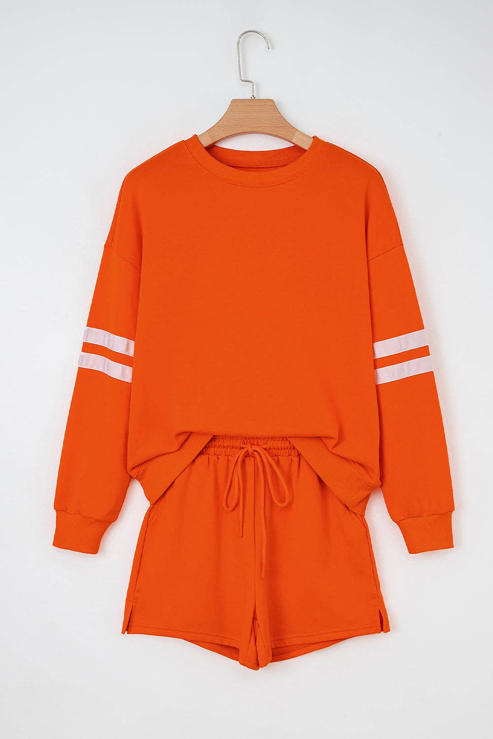 Orange Varsity Striped Sleeve Drop Shoulder Sweatshirt and Short Set for wholesale on Faire0
