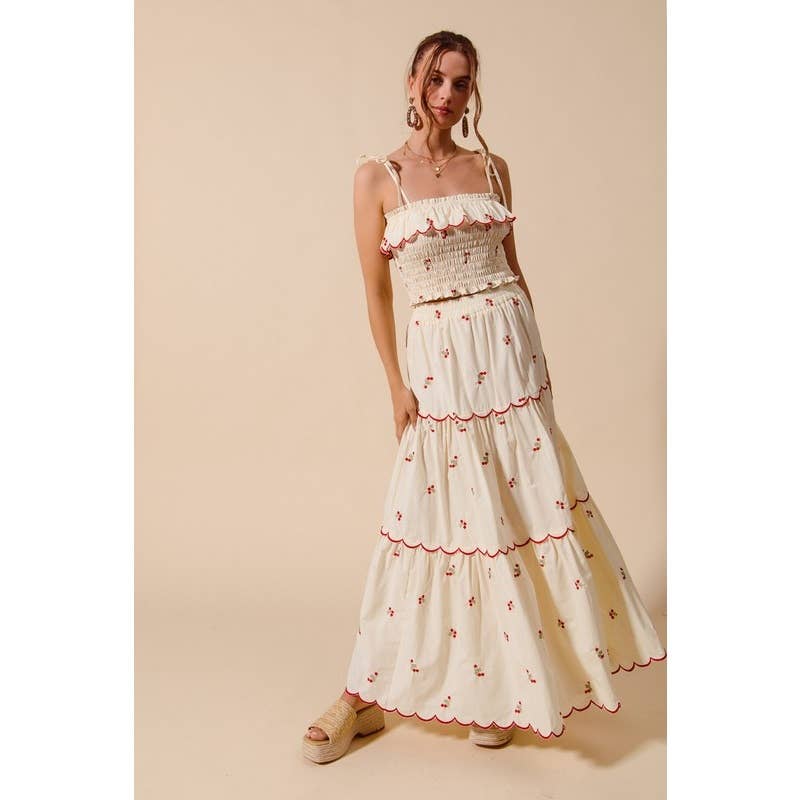 CREAM FLORAL EMBROIDERED SMOCKED TOP ELASTICIZED WAIST for wholesale on Faire1