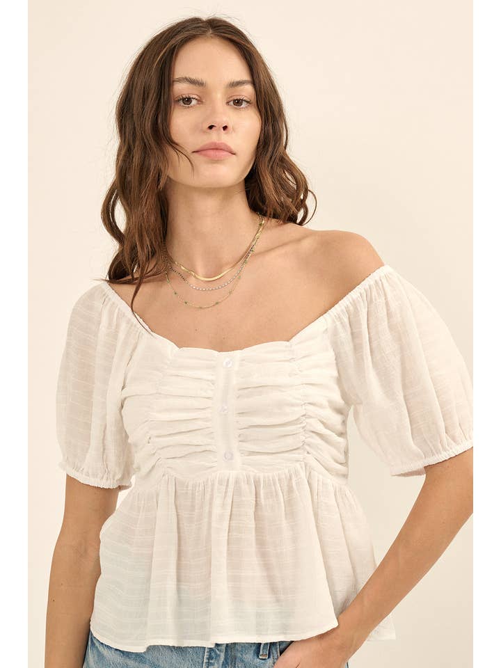Promesa USA - Wholesale Blouse - Women's - Solid Woven Scoop Neck Ruched Blouse
