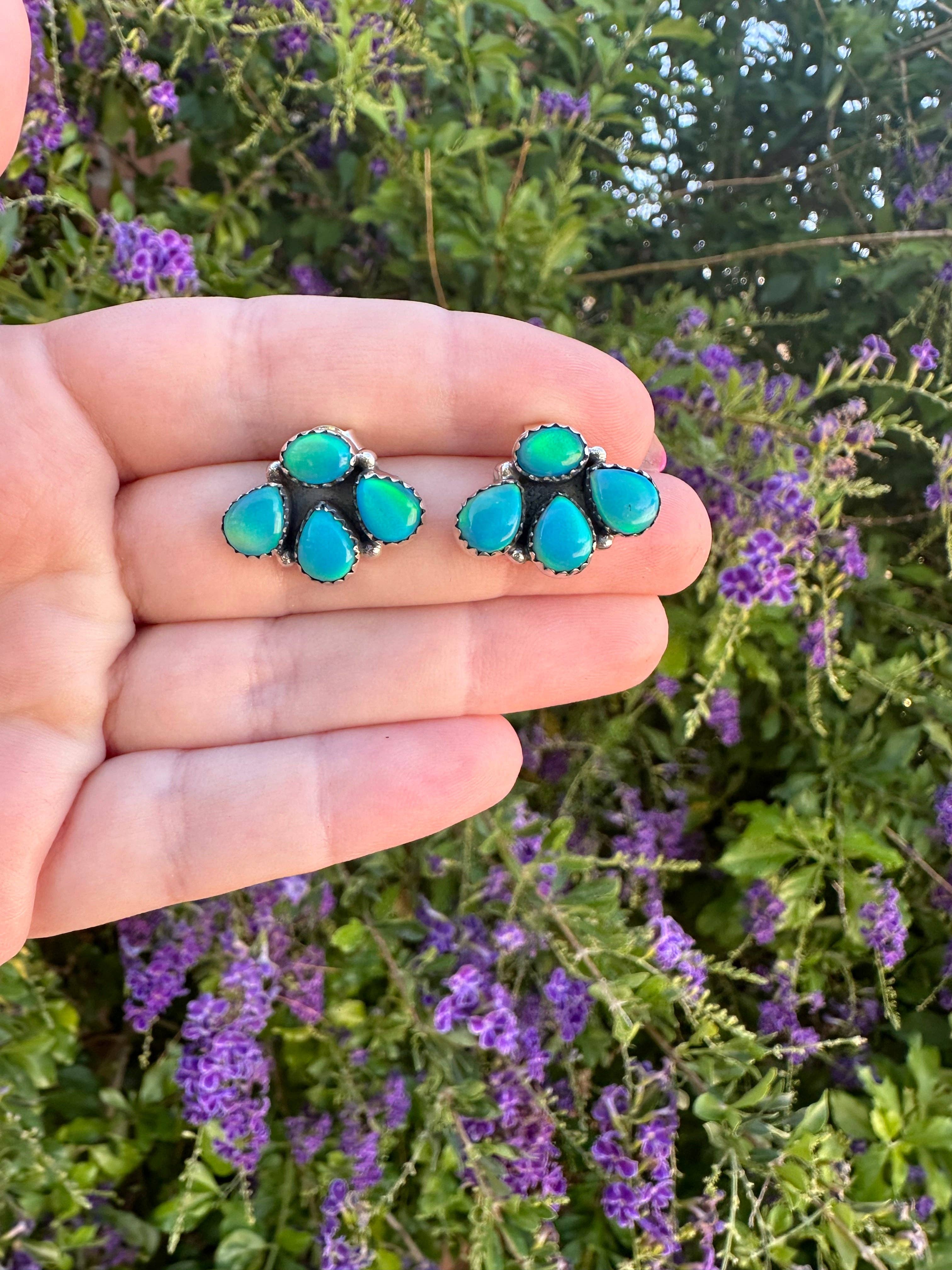 Nizhonitradersllc - Wholesale Stud/Post Earrings - Nizhoni “The Backroads” MINIS Blue Opal & Sterling Silver 4 Stone Earrings Handmade