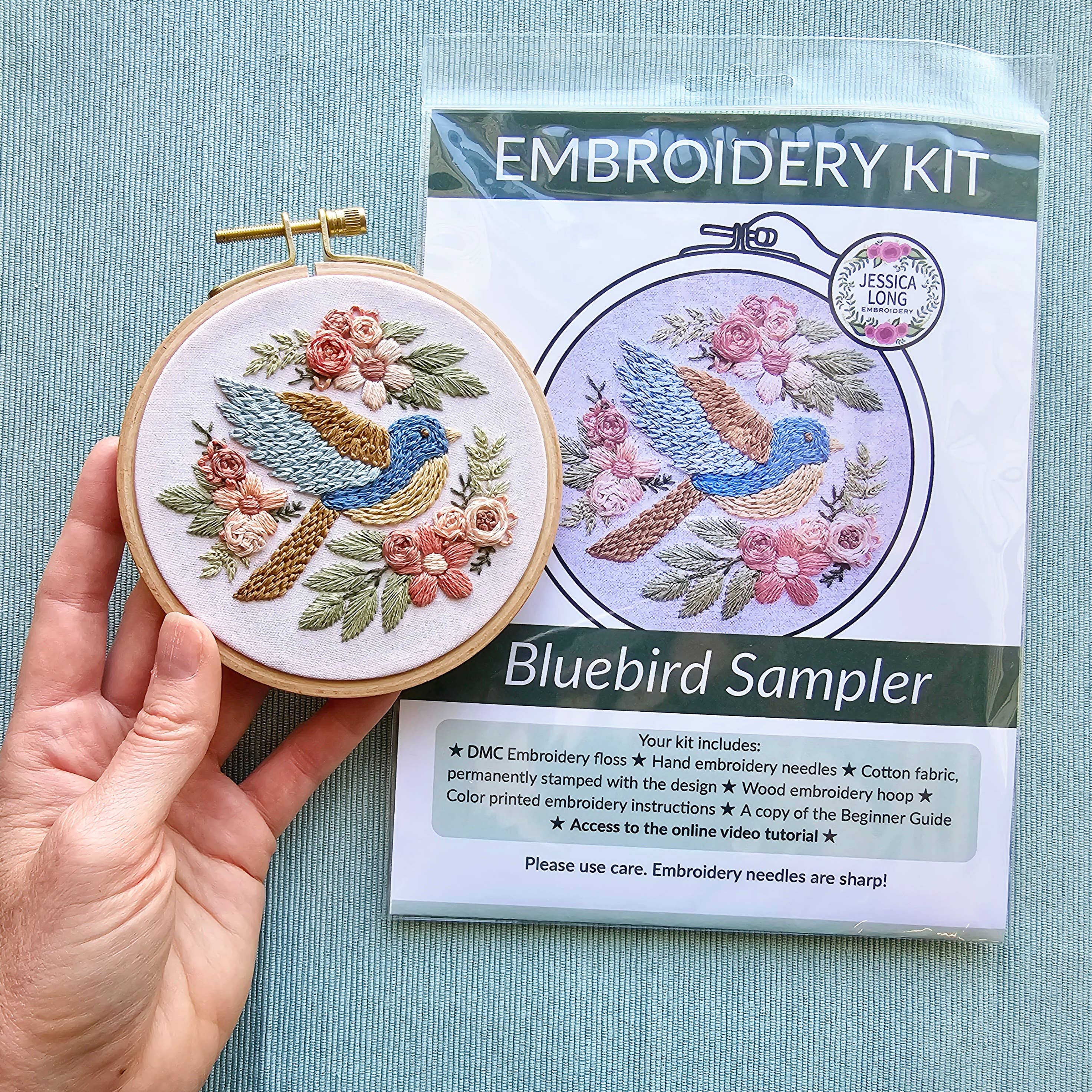Jessica Long Embroidery - Wholesale Embroidery/Cross Stitch Supplies - Bluebird Sampler beginner hand embroidery kit2