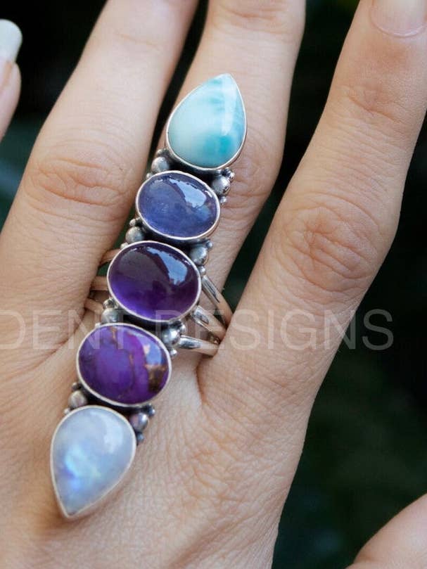 Larimar Tanzanite Amethyst Purple Copper Turquoise Moonstone Ring, SKU 6137 for wholesale by Ambra Jewels