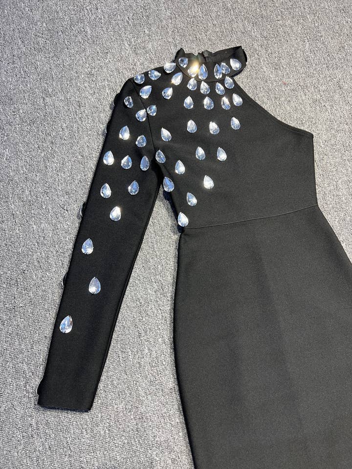 Black DR072 Glam One-Shoulder Rhinestone Bandage Dress for wholesale on Faire9