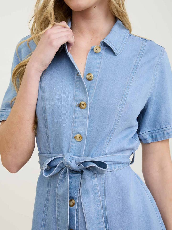 CHAMBRAY COLLARED BUTTON DOWN BELTED SHIRT DRESS for wholesale on Faire