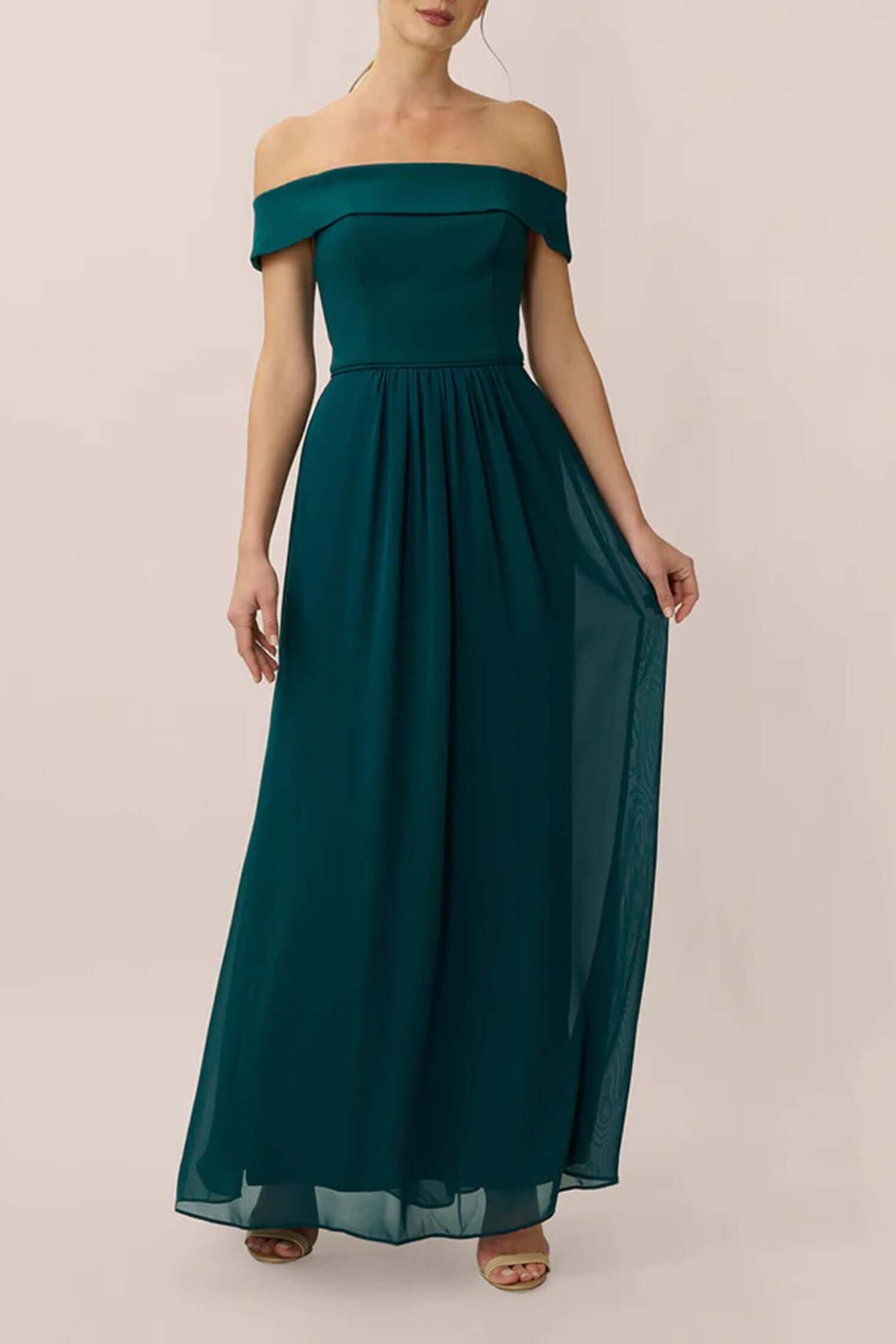Immediate Apparel - Wholesale Gown - Women's - Adrianna Papell Off Shoulder Zipper Back Ruched Piping Detail Crepe Chiffon Gown2