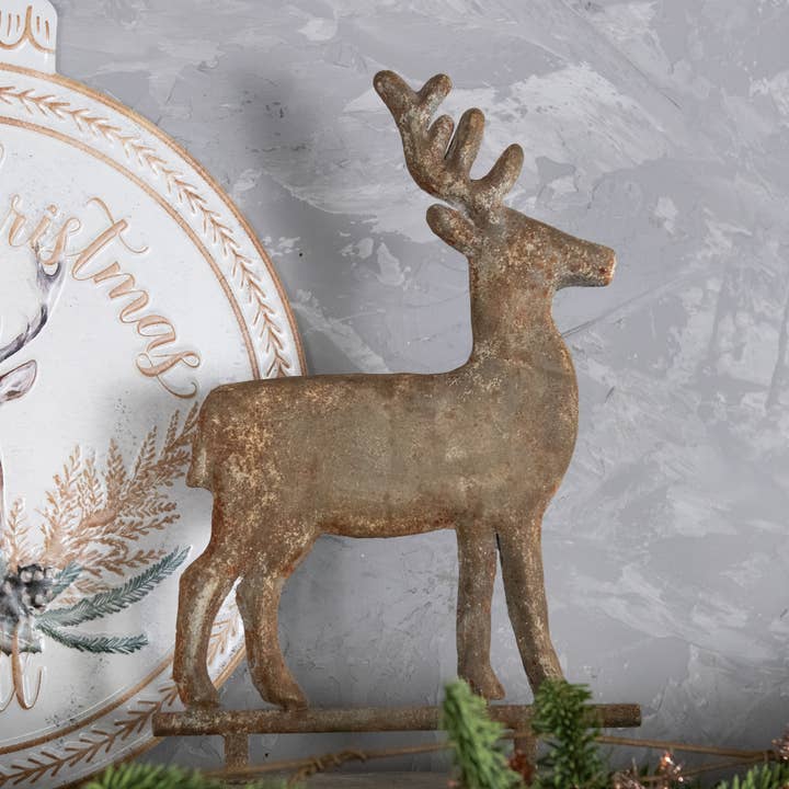 Ragon House - Wholesale Christmas Decoration - 16" DISTRESSED METAL DEER ON FAUX WOOD BASE0
