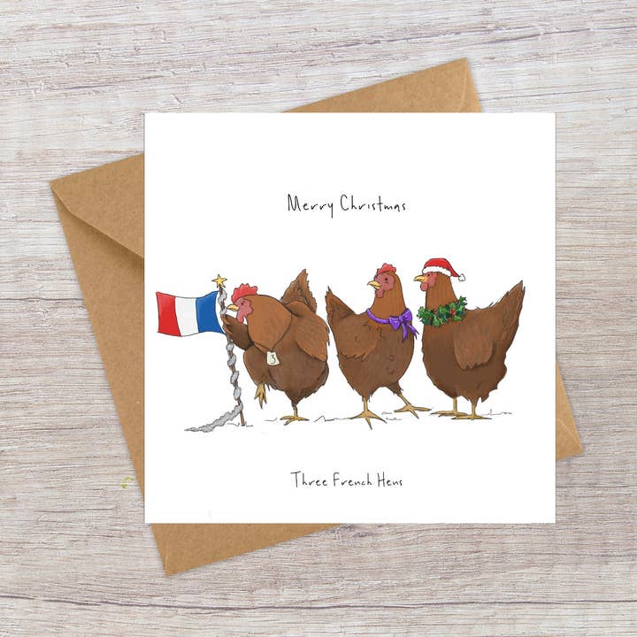 Three French Hens - Twelve Days of Christmas card for wholesale by Lucy Driver Illustration