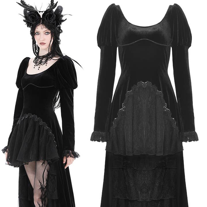 ROBE HAUTE BASSE À MANCHES BOUFFANTES EN VELOURS GOTHIQUE pour la vente par Western Fashion