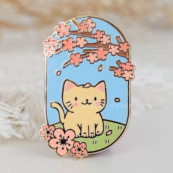 Cat Under Sakura Blossom Tree Enamel Pin for wholesale by Sleepy House Lion