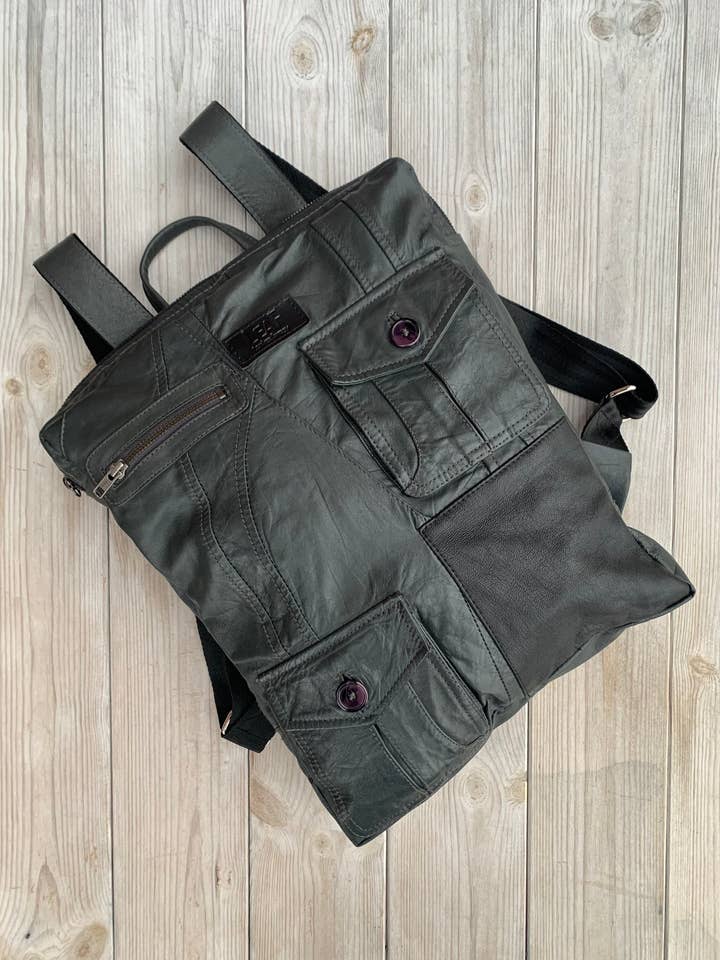 Mochila de cuero reciclado gris oscuro para venta al por mayor de LeaF