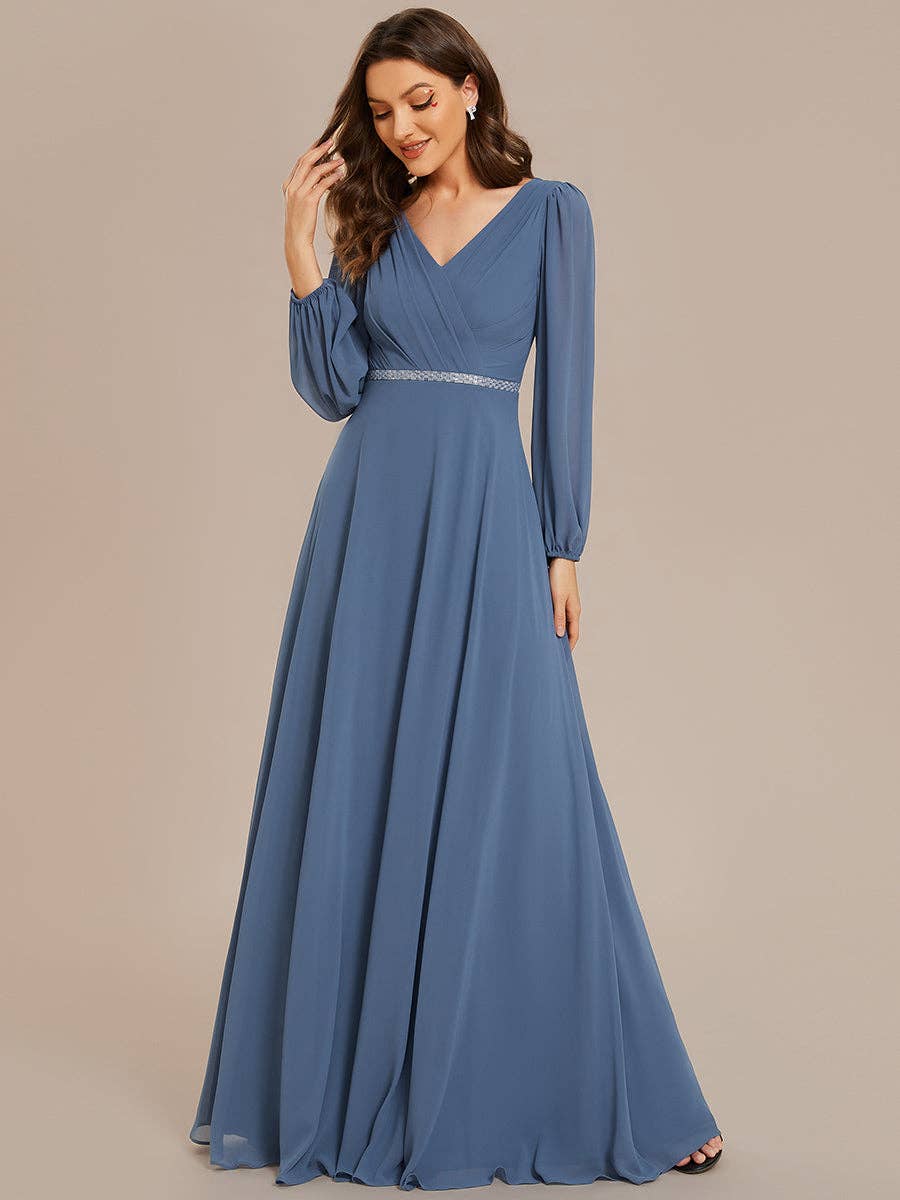 Ever-Pretty - Wholesale Gown - Women's - Elegant waisted chiffon V-neck Long Sleeve guest Dress4