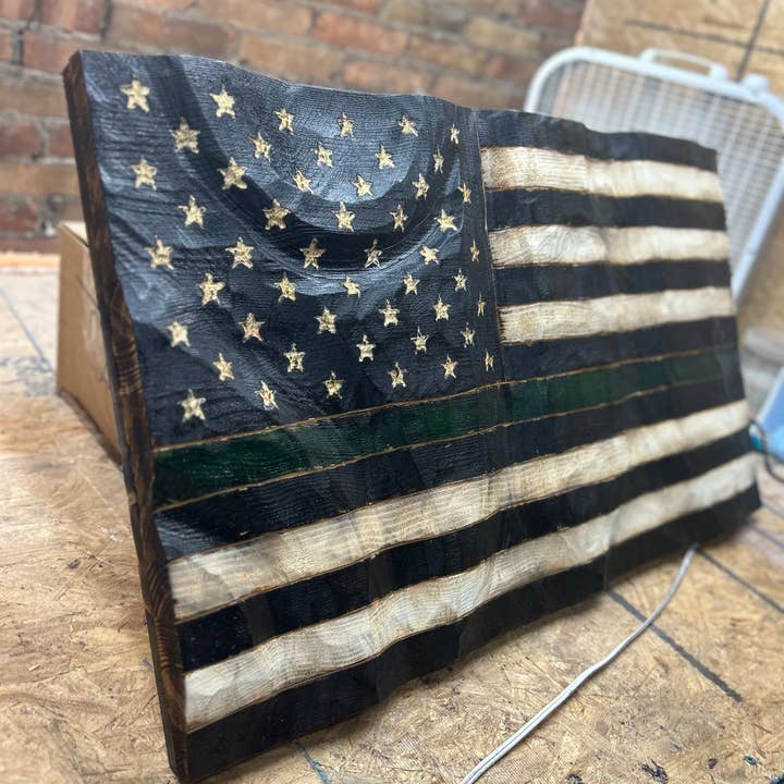 Schmedic Woodworking - Wholesale Sign - Wood Wavy Thin Green Line Flag