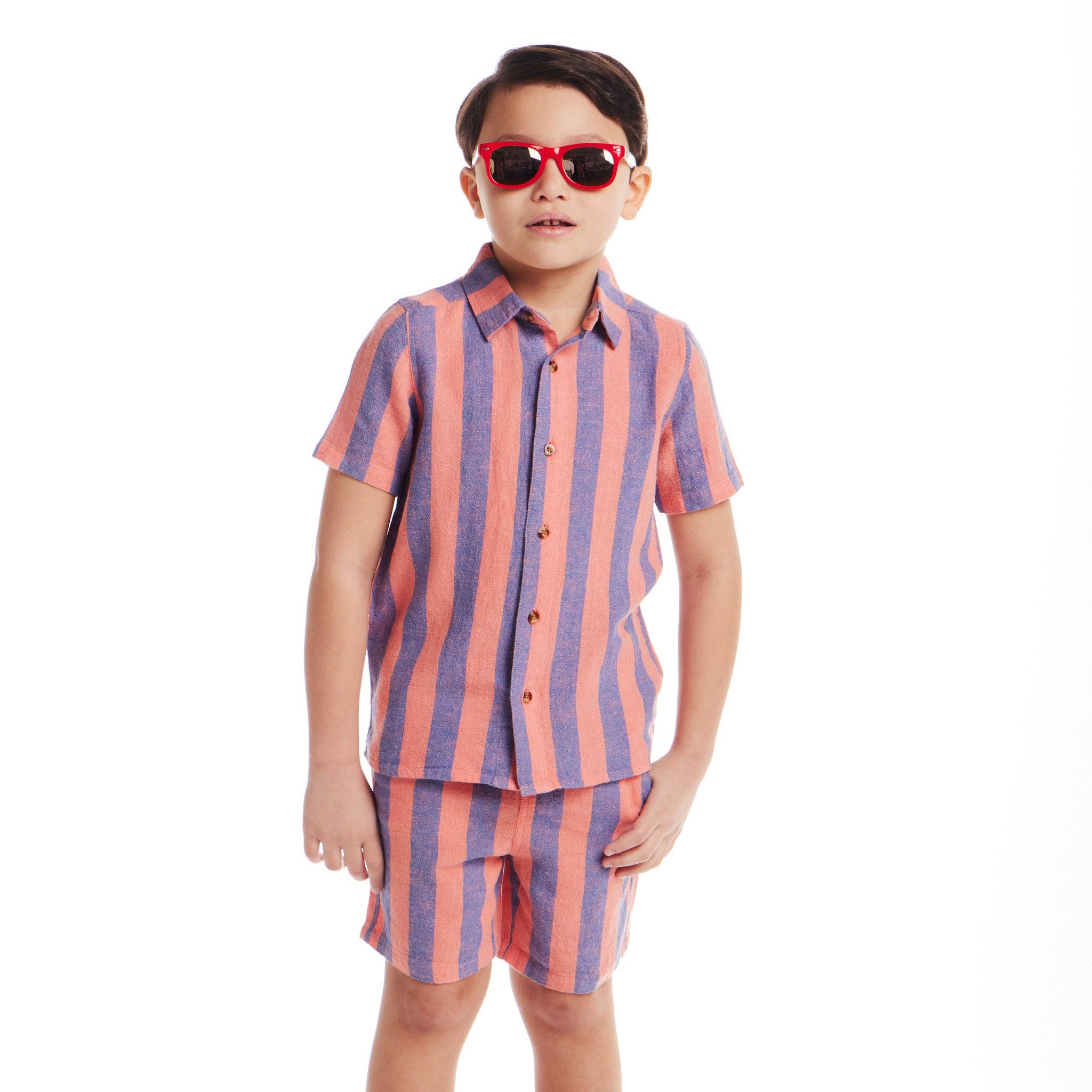 Kids (2-8) 2-Piece Striped Buttondown Set | Coral & Blue for wholesale on Faire2