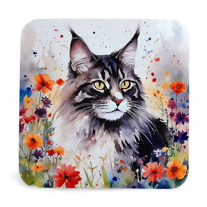 Grey Tabby Maine Coon Cat Drink Coaster, Water Colour Style for wholesale by Rockways Designs