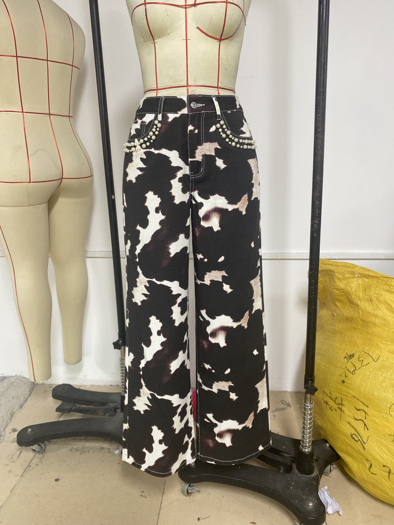 Picture Color Pearl Trim Printed Denim Pants for wholesale on Faire0