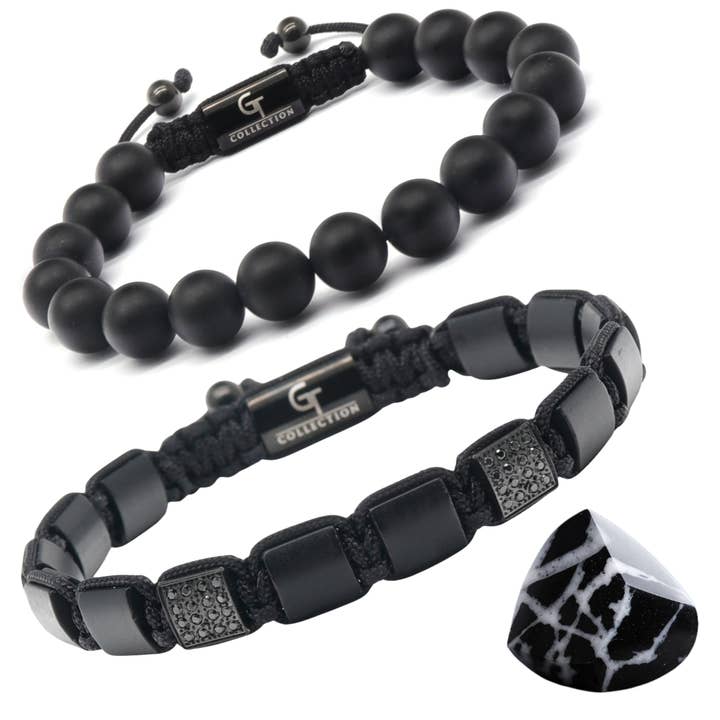 2 PIECE SET - BLACK ONYX Single Bead Bracelet And Flatbead Bracelet for wholesale by GT collection Jewelry